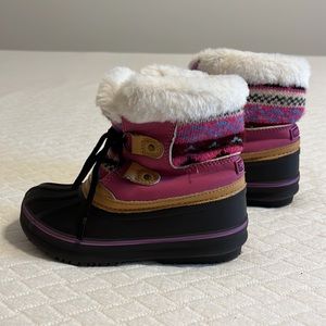 London Fog winter boots, sweater knit uppers, faux fur, pink/brown kids 10
